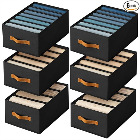 DIMJ Wardrobe Clothes Organizer - 4/5/7 Grids Foldable Closet Drawer Organizer Dividers for Jeans, Pants, Sweater, T Shirt, Storage Bins with Handles for Shelf