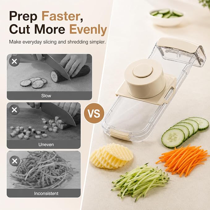 Mandoline Slicer, Vegetable Cutter, Container, Glove & Guard, 5-Blade | Five interchangeable inserts deliver 1.5mm sheets, 3mm and 5mm julienne, wavy edges, plus grated textures for varied recipes.