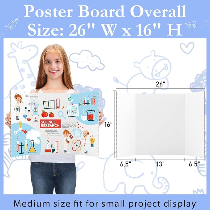 AKONEGE 12 Pack Medium Trifold Poster Board, 26" x 16" White Corrugated Cardboard Tri Fold Poster Boards for Presentation, School Projects, Science Fair, Photo Display Exhibitions Event