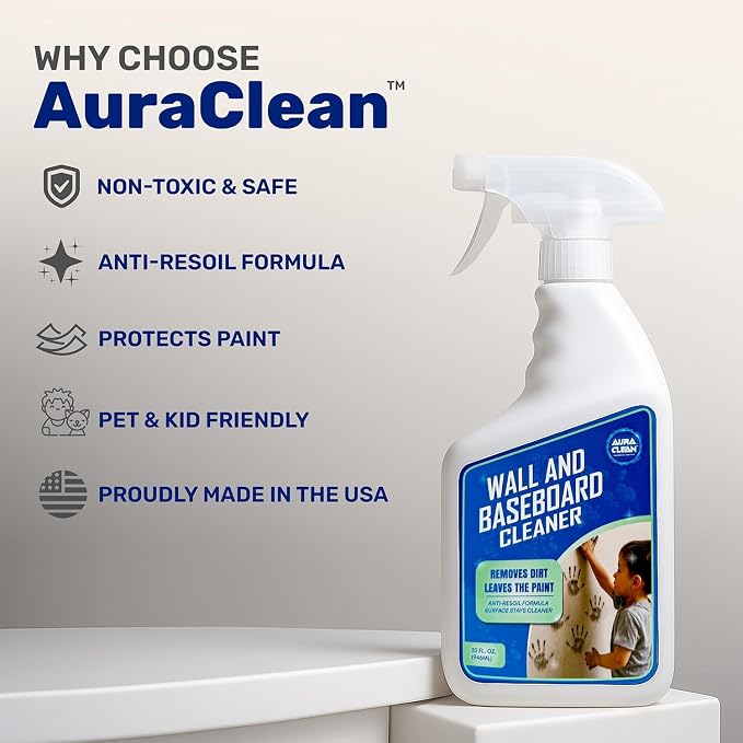 Wall & Baseboard Cleaner for Painted Walls, Cabinets, Doors & Trim | Non-Toxic, No-Rinse Spray | Anti-Resoil, Streak-Free Formula | Kid & Pet Safe | 32 oz (1 Quart) | Made in USA