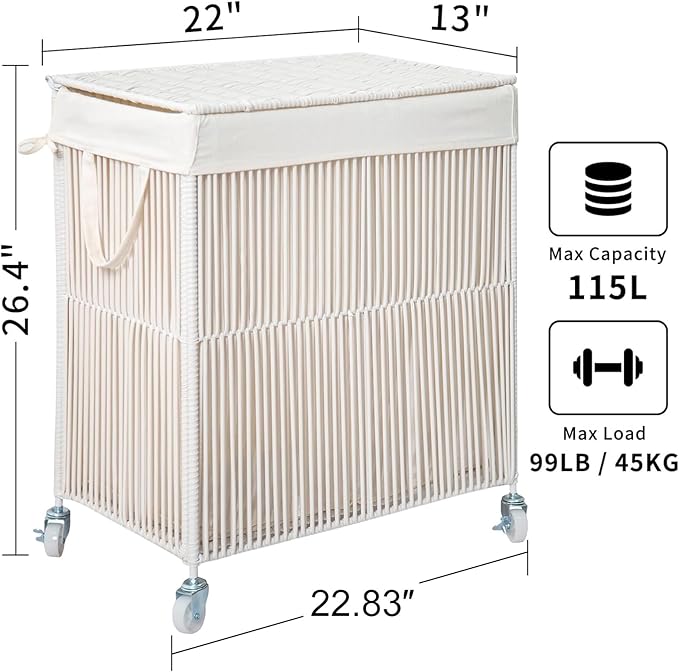WOWLIVE Rolling Laundry Basket Wheels, Handwoven Laundry Hamper with Lid | Double Clothes Hamper with Divided Removable Bag, 115L Large Laundry Sorter 2 Section, Laundry Room Organization, White