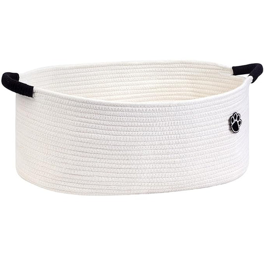 Optish Dog Toy Basket, Toy Box and Bin for Dog Cat Storage, 19.7" X 11" X 7.9" (30L) Large Woven Basket for Blanket Storage, Rope Baskets for Living Room, Bedroom, White