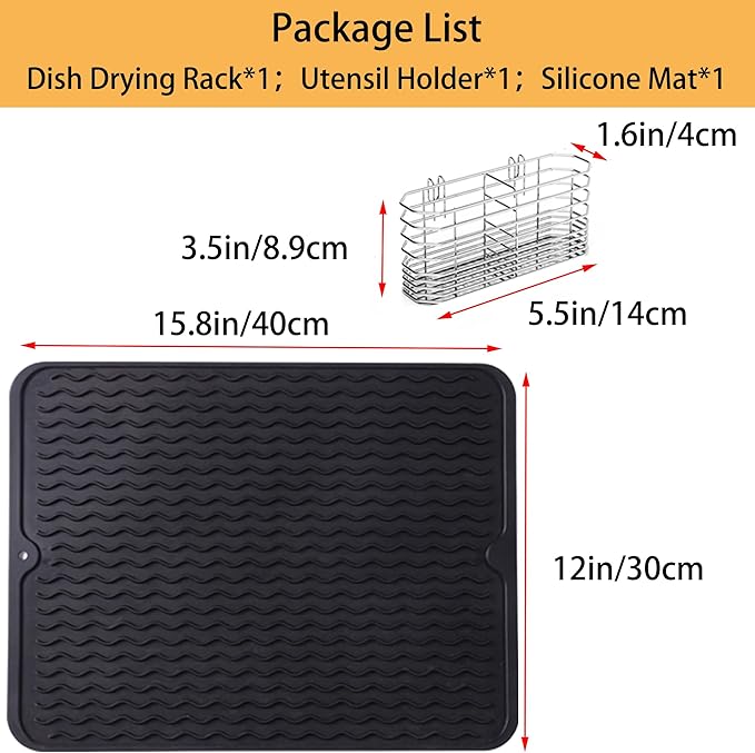 NiuYichee Stainless Steel Dish Drying Rack(14.2"L x 9.5"W x 4.1"H), Expandable Fruit & Vegetable Drain Rack over Sink, Dish Drainer Rack in Sink, with Stainless Steel Utensil Holder & 16" Silicone Mat