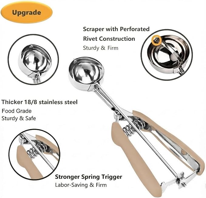 Cookie Scoop Set, 3Pcs Ice Cream Scoop, Cookie Scoops for Baking Set of 3, 18/8 Stainless Steel Cookie Scooper for Baking, Ice Cream Scooper with Trigger Release, Brown Soft Grip Cookie Dough Scoop