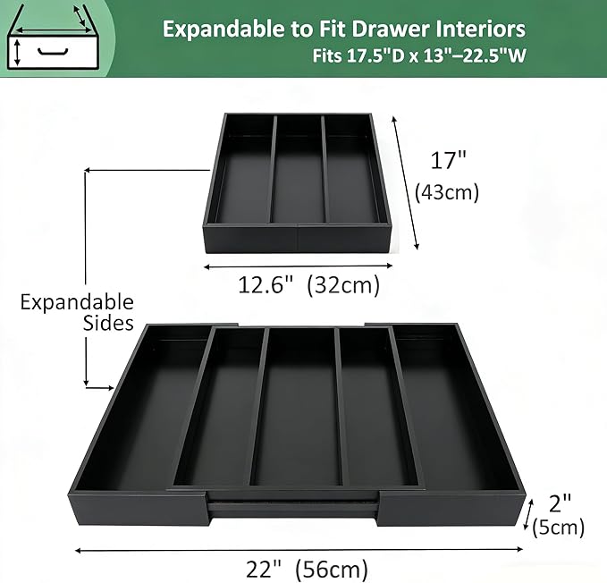 Utoplike Bamboo Drawer Organizer Kitchen Utensils, Adjustable Black Silverware Holder and Cutlery Tray Organiser, Expandable Drawer Divider for Flatware, Knives in Kitchen, Bedroom, Living Room