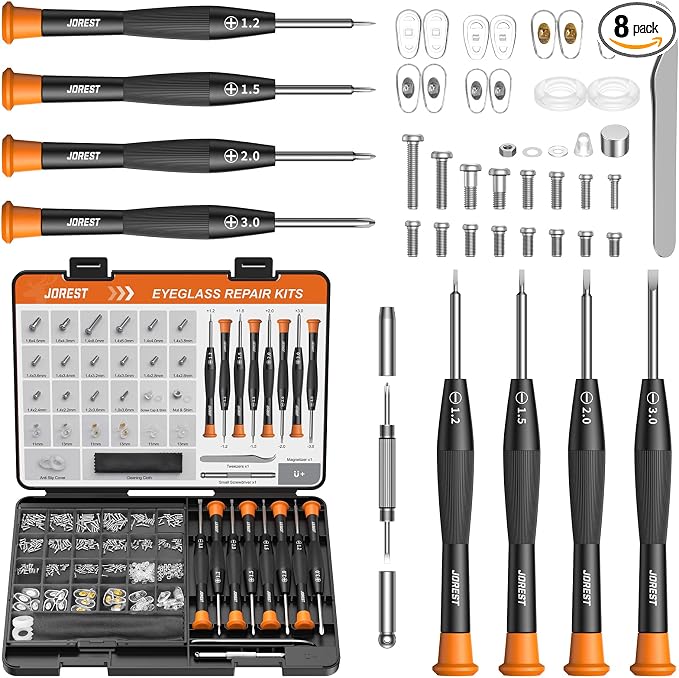 JOREST Eyeglass Repair Kit, Sunglasses/Glasses Repairing Tool including Small Screws, Nose Pads and Screwdrivers, Eyeglass Fixing Kit; Christmas gift for people who wear glasses(Men/Women Him/Her)