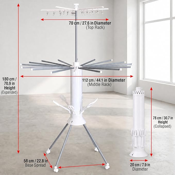 Clothes Drying Rack Foldable with Rolling Wheels, Portable Laundry Drying Rack with 16 Aluminum Arms, Stable 4-Leg Base, 360° Rotating Design for Indoor Outdoor (Double-Tier with Shoe Rack)