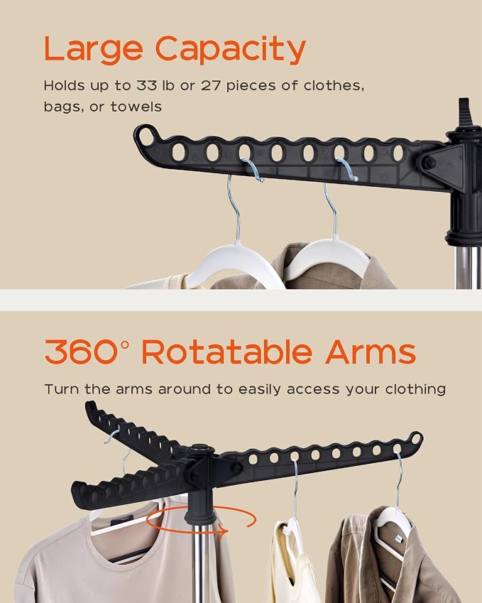 CASAMAYA Clothes Drying Rack Foldable, 59 inch Tripod Laundry Drying Rack Indoor with Rotating Clothes Rail for 27 Pieces of Clothes, Space Saving, Stainless Steel, Black and Silver CDR001B01