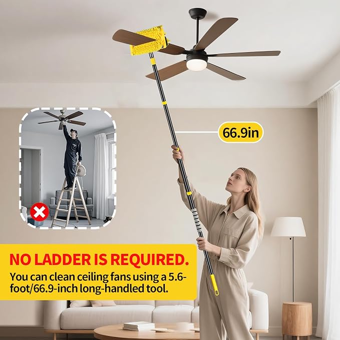 High Ceiling Fan Cleaner Duster for Fans Blades Cleaner with 78.7in Extension Pole Extra Long Handle Cleaning Tool，Reusable Chenille & Microfiber Mop Head for Baseboard Wall Floor Window Glass Wiper