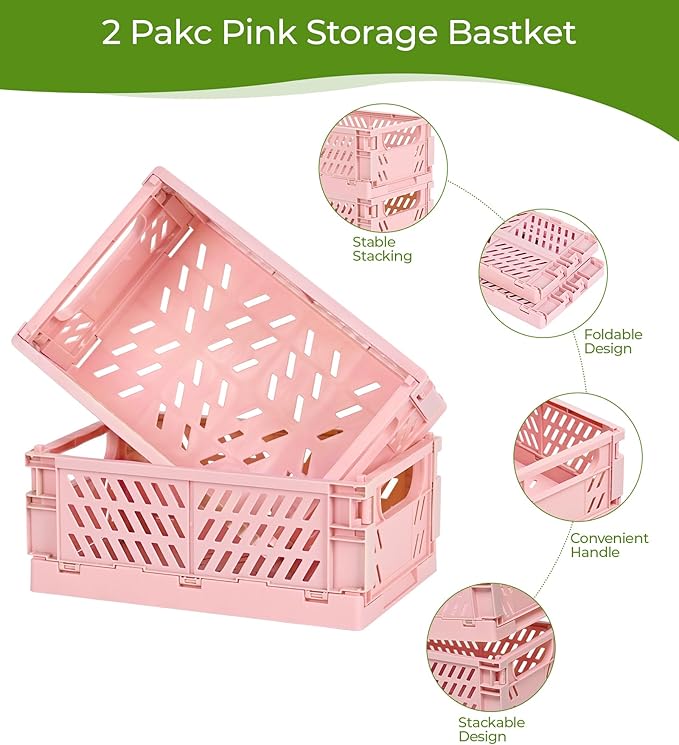 HUUSMOT 4-Pack Collapsible Plastic Storage Baskets, Pink, 9.8"x6.5"x3.8" | Pastel, Space-Saving, Collapsible Plastic Bins, Cute Mini Storage Crates, for Classroom, Kitchen, Office, Bedroom
