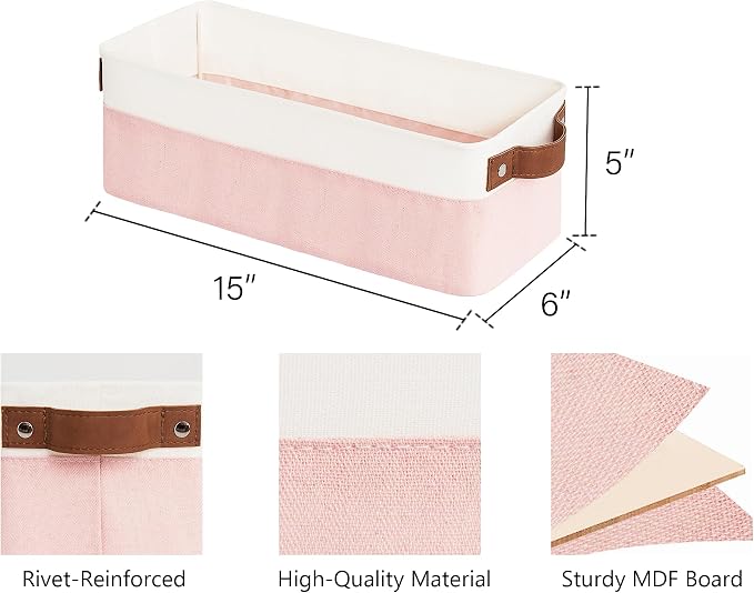StorageWorks Narrow Storage Bins, Small Basket for Closet and Shelves, Fabric Organizer with Handles, Toilet Paper Storage, Pink and White, 2-Pack