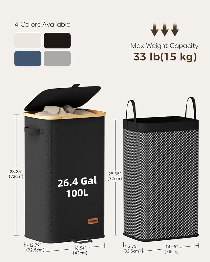 100L Laundry Hamper with Lid, Large Clothes Hamper, Black | Elegant bamboo appearance, Foot Loop, Removable Bag Easy to Lift and Carry, Bathroom, Bedroom, Laundry Room, Dorm