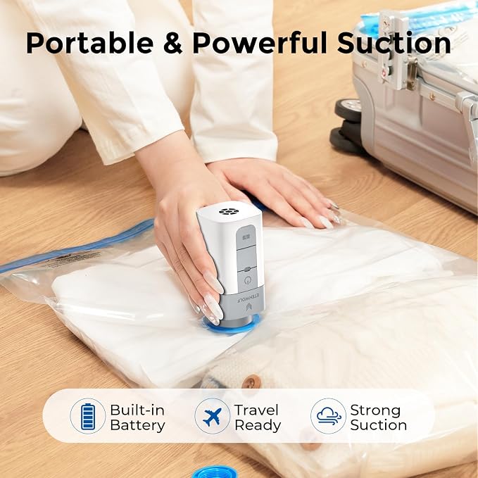 ETENWOLF 20 Combo Vacuum Storage Bags for Travel with Wireless Pump | Vacuum Seal Bags for Clothing Travel, Compression Packing Bags for Clothes and Blankets, Space Saver Bags in Carry-On Sizes