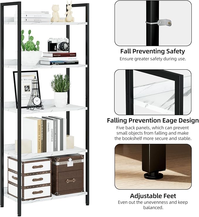 NUMENN Bookshelf, 5 Tier Freestanding Shelving Unit, White Marble | Metal Frame & Wood Shelves, Falling Prevention Baffle, Open Storage Bookcase for Bedroom, Living Room & Home Office
