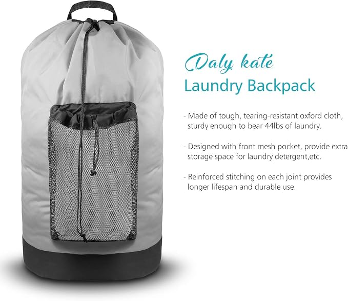 Backpack Laundry Bag, Laundry Backpack with Shoulder Straps and Mesh Pocket Durable Nylon Clothes Hamper Bag with Drawstring Closure for College, Travel, Laundromat, Apartment
