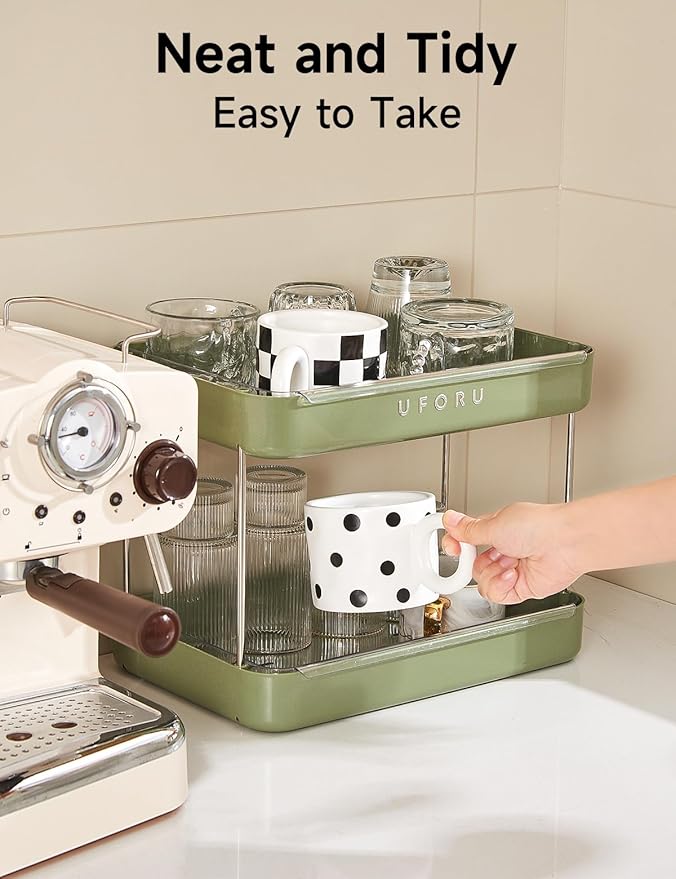 UFORU Countertop Coffee Station Organizer,Cup Rack,Mug & Wine Glass Holder | 2-Tier Green Mug Shelf with Removable Drain Tray,Bathroom Countertop Organizer,Spice Rack for Kitchen