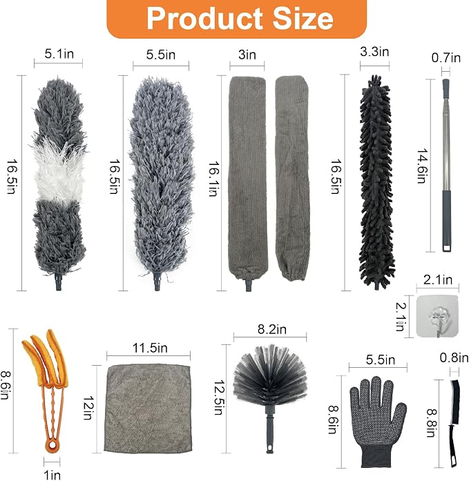 15 PCS Feather Dusters for Cleaning, Microfiber Duster with Extension Pole 100in, Extendable Duster for High Ceilings, Ceiling Fans, Baseboards, Blinds, Car Interior - Washable Reusable Dusting Tools