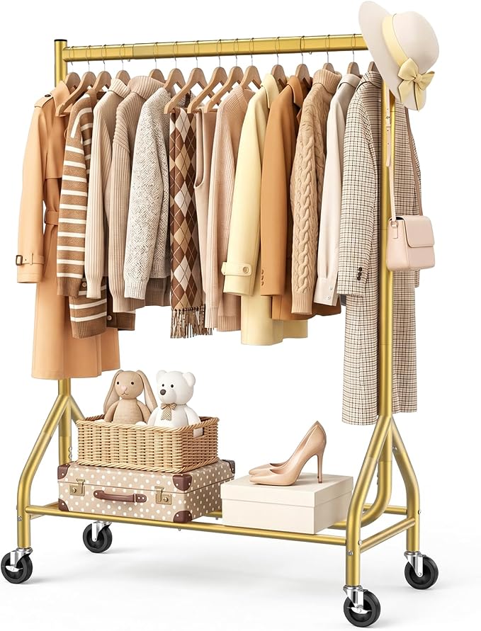 EAGMAK Heavy Duty Clothes Rack Load 268 LBS, 31.5 inch Hanging Rod, Gold | Metal Frame, Stable Base, Compact Size, Rolling Smooth, For Bedroom Closet Entryway Laundry Living Room Home Garage Storage