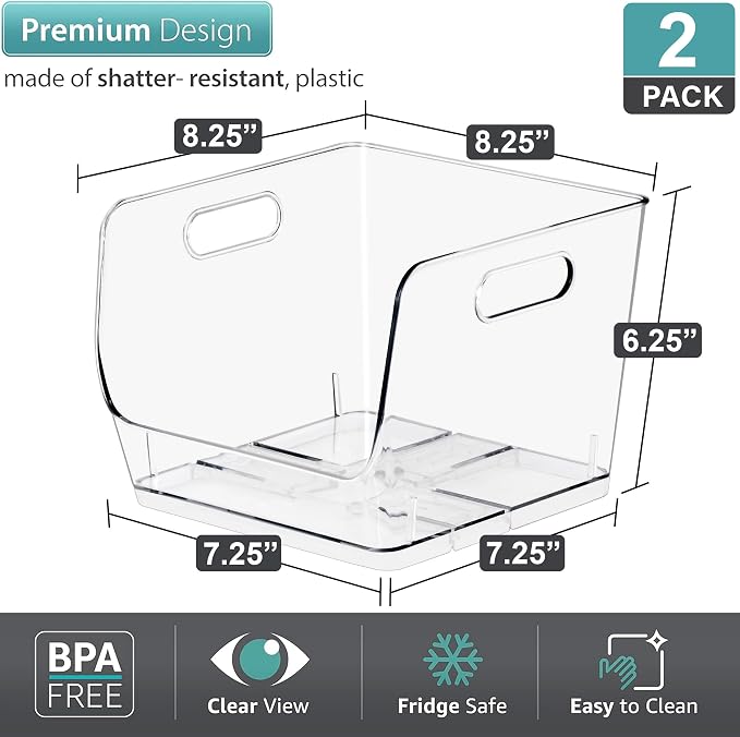 Sorbus Stackable Storage Bins Open Front, Clear Stackable Storage Bins, Pantry Bins for Storage and Organization, Acrylic Stackable Bins for Kitchen, Clear Pantry Organizer Bins (Medium Square 2 Pack)