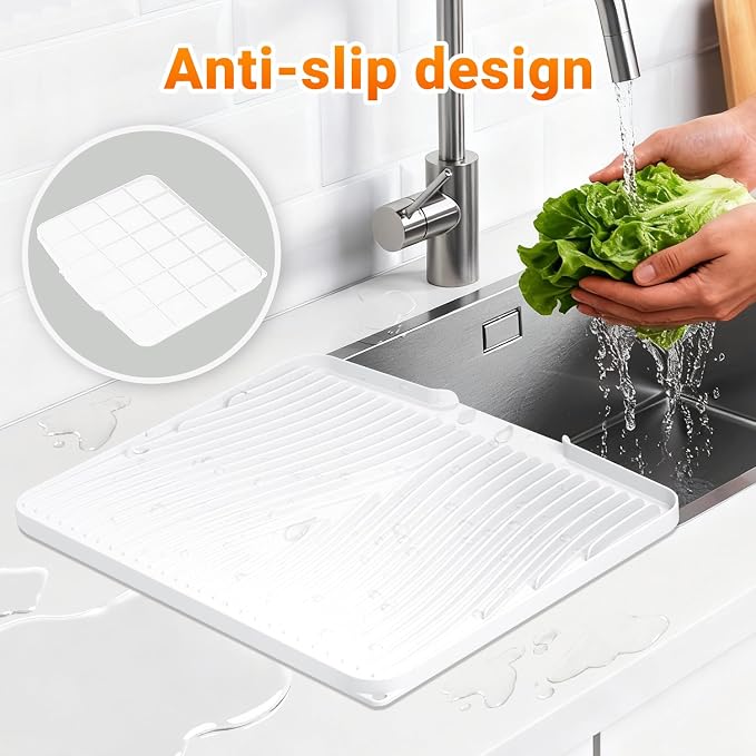 Silicone Dish Drying Mat for Kitchen counter, 19.7"x17" 2Pcs Extra Large Non-Slip Drain Pad with Built-in Drainage, Heat Resistant Dishwasher Safe, Ivory