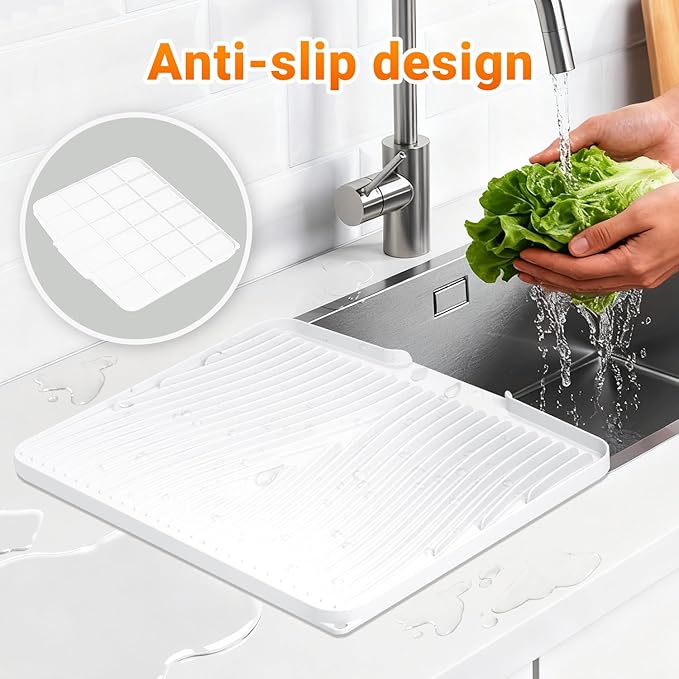 Silicone Dish Drying Mat for Kitchen counter, 19.7"x17" Extra Large Non-Slip Drain Pad with Built-in Drainage, Heat Resistant Dishwasher Safe, Ivory