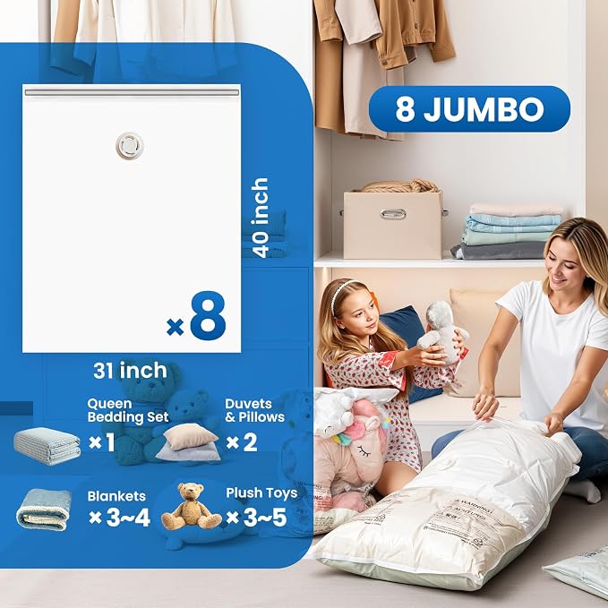 TAILI 8 Pack Vacuum Storage Bags, Jumbo Size (31×40 inch), Vacuum Seal Bags for Clothing, Bulky Bedding, Comforter, Blankets, Pillows, Space Saver Packing