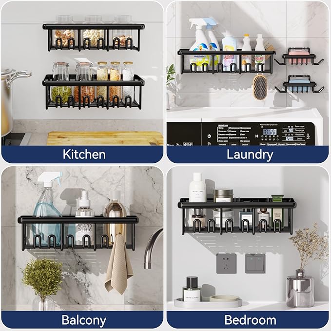 8 Pack Adhesive Rustproof Shower Caddy with Soap Dishes, Toothbrush Holder & Hooks, Large Capacity No-Drilling Shower Shelves Rack for Bathroom Organizers and Storage Accessories, Black