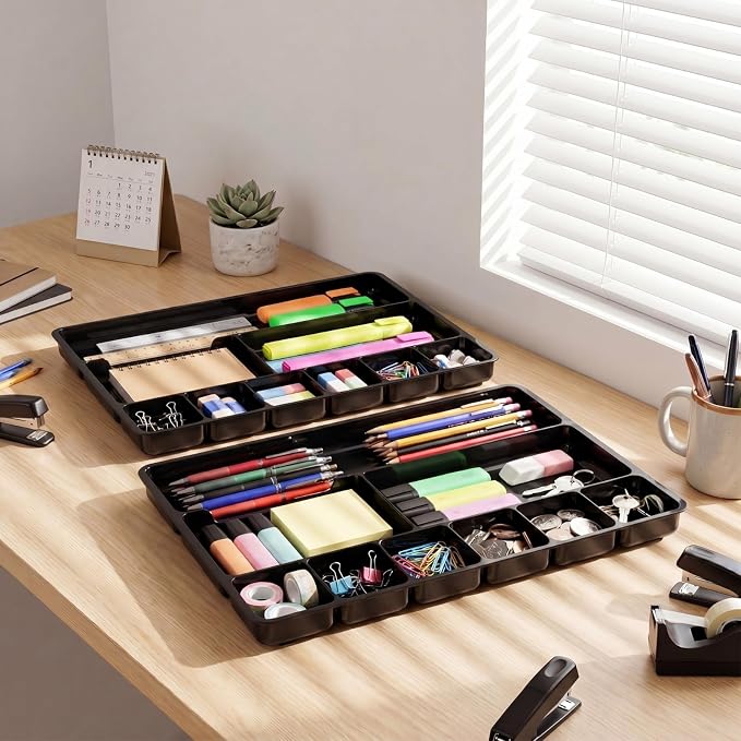 Junkin 2 Pcs Shallow Drawer Organizers 14" x 9" x 1" Desk Drawer Organizer Tray with 9 Storage Compartments for Home Office Classroom School Organizing Pens Paper Clips Sticky Notes (Black)