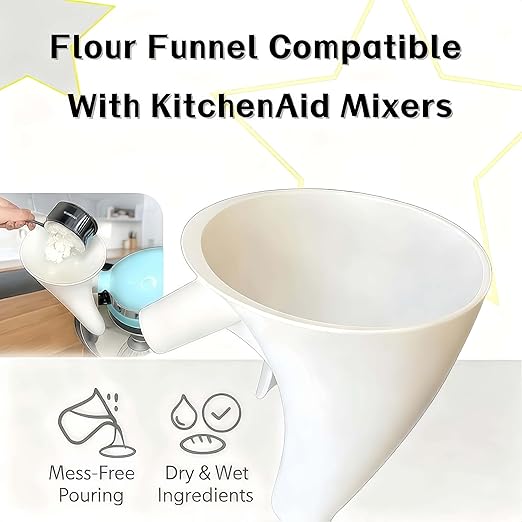 Flour Funnel for KitchenAid Mixer 5 Qt, Anti-Splash Attachment for Tilt-Head Stand Mixer 4.5 & 5 Quart (KSM150), Dishwasher Safe No-Mess Baking Tool, Easy Pour Accessory (White)
