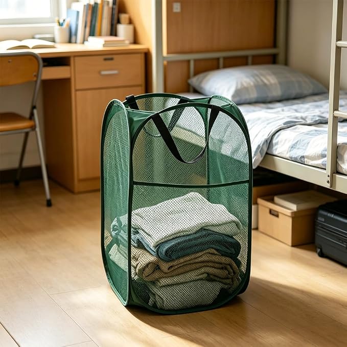 Larpur Pop Up Laundry Hamper Collapsible Mesh Clothes Basket, Dark Green | Portable Laundry Hamper Foldable Dirty Clothes Hamper Storage for Home, Dorm, Travel, Cruise
