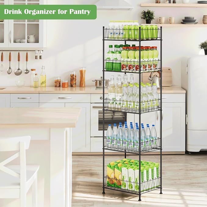 Water Bottle Storage Rack 5 Tier Drink Organizer for Pantry Metal Bottled Water Holder Stand for Floor, Beverage Soda Can Drink Storage Holder for Kitchen, Living Room