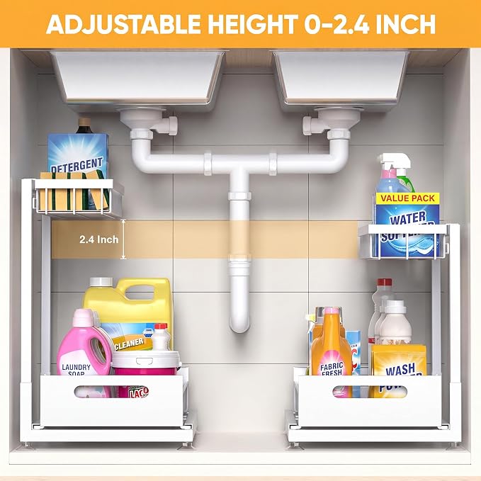 Saydear 2-Pack L-Shaped Under Sink Organizer, 2-Tier Pull-Out Cabinet Rack | White Height-Adjustable Steel Rack, Sliding Grid Drawers with PP Liners, Holds 100 Lbs, Suction Base, Ideal Kitchen Storage