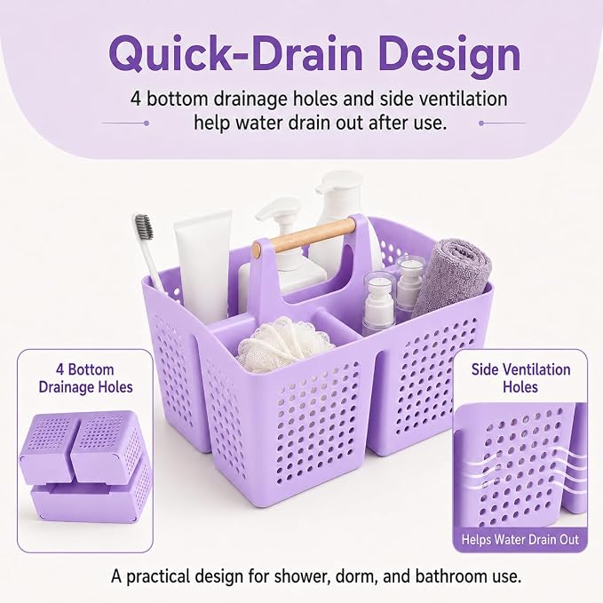 Portable Shower Caddy Basket with Wood Handle, 3-Compartment Bathroom Organizer Tote with Drain Holes, Plastic Shower Basket for Dorm, Toiletries, Cleaning Supplies, Purple