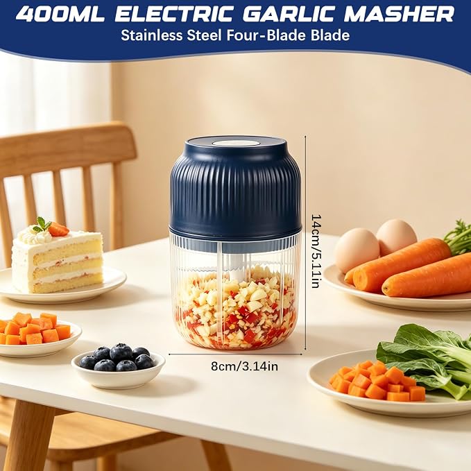 Electric Garlic Chopper, Mini Portable Veggie Chopper Garlic Grinder Masher Onion Chopper, Rechargeable Cordless Food Processor & Food Chopper for Garlic Onion Ginger Chili Vegetables, 400ml (White)
