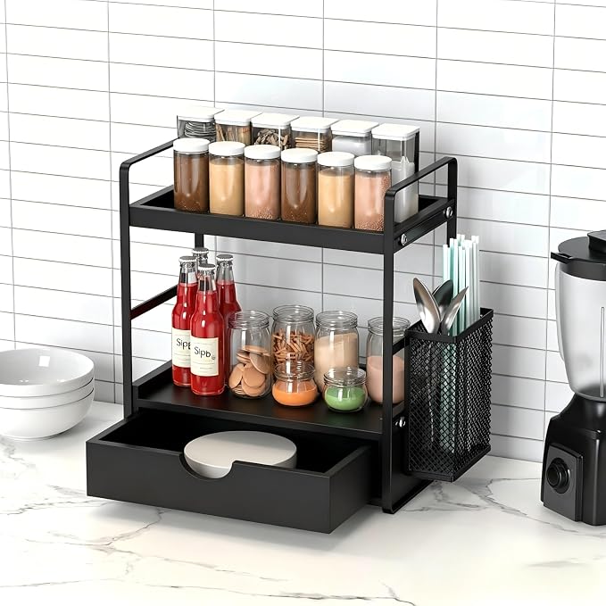 LEMIKKLE Bathroom Counter Organizer with Basket, Bathroom Organizers and Storage,Skincare Organizers for Vanity,Storage Organizers for Bathroom, Kitchen, Dresser (Black with Drawer)