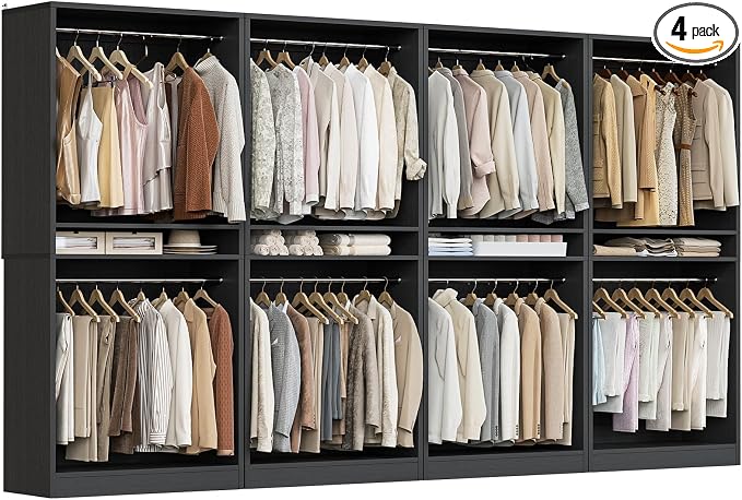 Unikito 12FT Modular Closet System with 8 Hanging Rods, 2800LBs Wood Garment Rack, 4-Pieces Ultra-Wide Walk-in Closet Organizer, Freestanding Clothing Shelves, Black