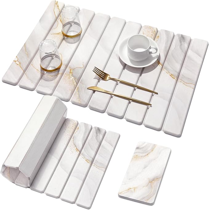 Large Stone Dish Drying Mat for Kitchen Counter,Quick Dry Stone Dishes Mats,Marbled Water Absorbing Diatomaceous Earth Drying Pad for Countertop Bottles Utensils Cups(Yellow White 24"x16"&8"x4")