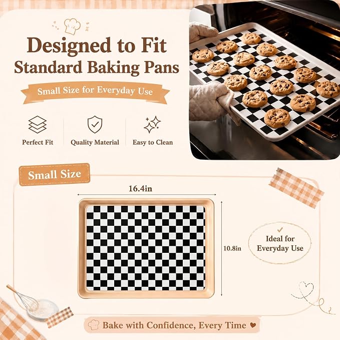 Domensi 2 Pcs Checkered Silicone Baking Mat Non-Stick Reusable Oven Liner, Food Grade Silicone Roasting Mat with Anti-Slip Grid Design for Baking, Oven, Air Fryer(Black and White, 16.4 x 10.8 Inch)