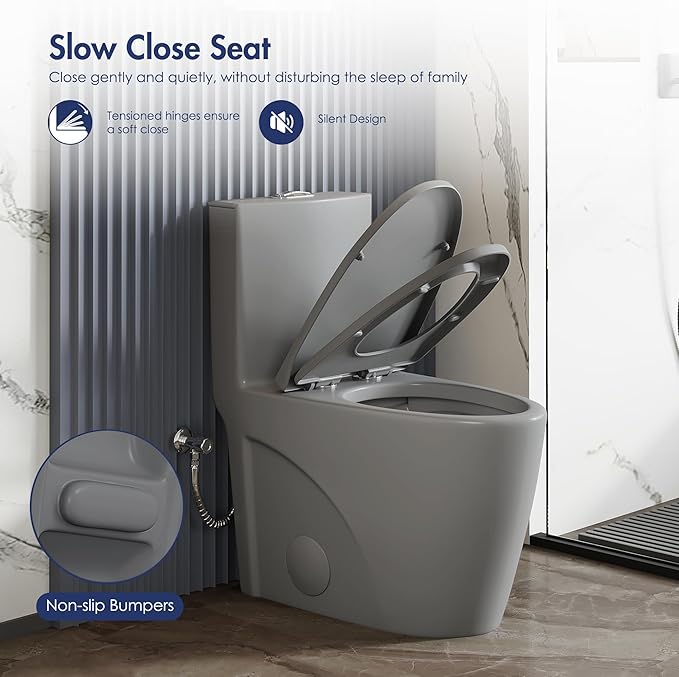 Eridanus Elongated One Piece Toilet with Powerful Siphon Dual Flush 1.1/1.6 GPF, 12" Rough-In Modern Bathroom Toilets with Comfort Soft Closing Seat Height 17", ADA Compliant Bowl, Light Gray