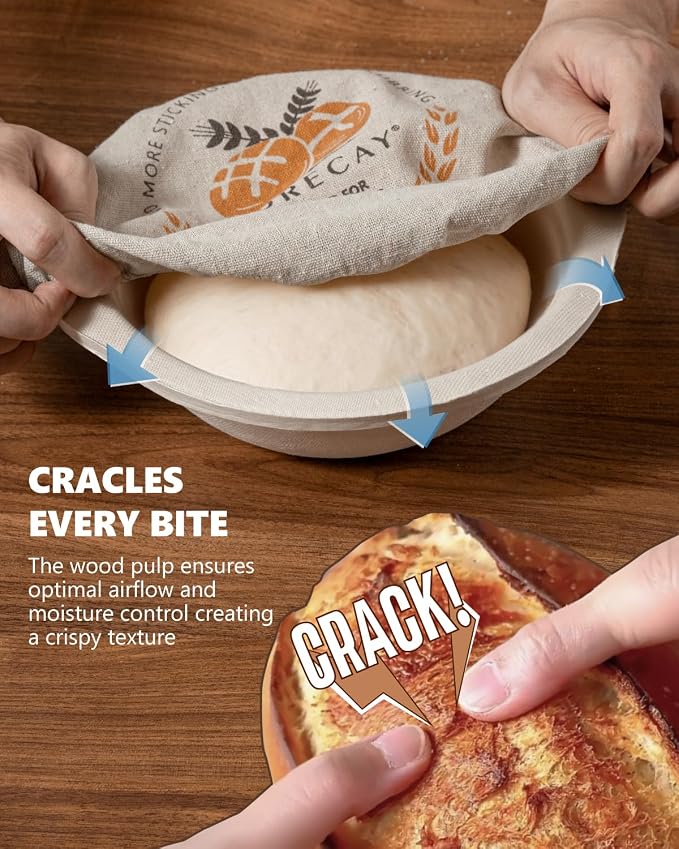 Wood Pulp Banneton Bread Proofing Baskets Set of 2, 7 Inch Round 1.1LB Sourdough Banneton Basket with Liner, Non-Stick Dough Proofing Bowl for Rising and Baking