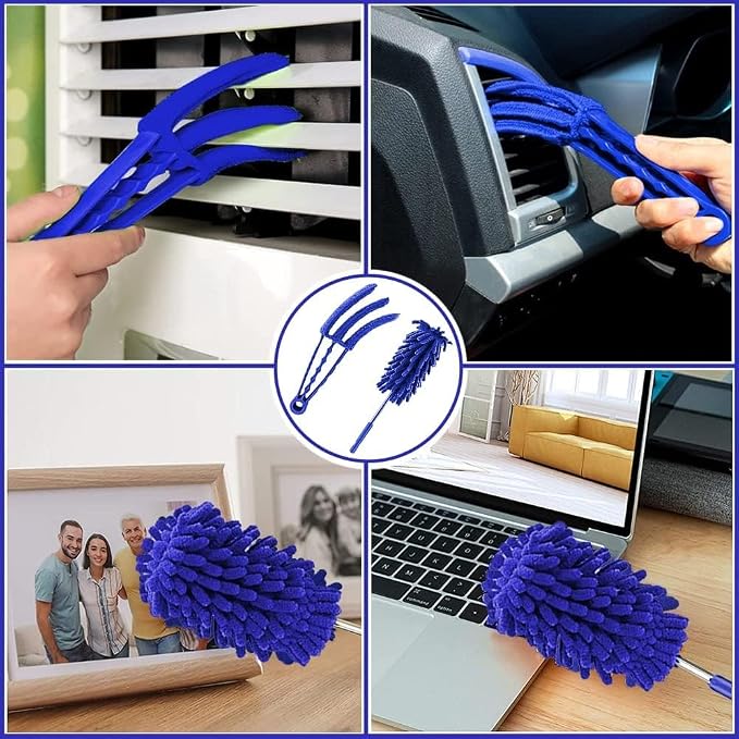 Microfiber Duster, 8PCS Feather Duster with 100 Inch Telescoping Extension Pole, Reusable Bendable Dusters, Washable Lightweight Dusters for High Ceiling, Fan, Blinds, Window, Corners, Blue