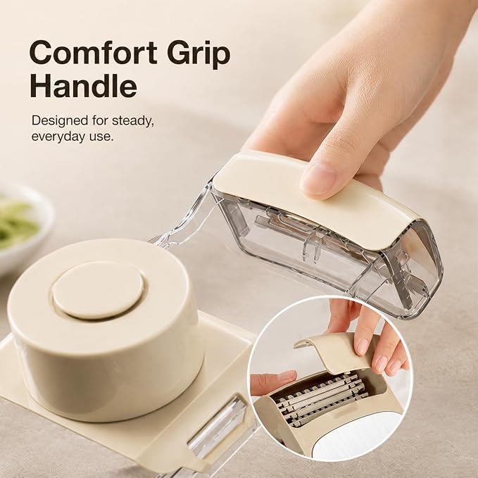 Mandoline Slicer, Vegetable Cutter, Container, Glove & Guard, 5-Blade | Five interchangeable inserts deliver 1.5mm sheets, 3mm and 5mm julienne, wavy edges, plus grated textures for varied recipes.