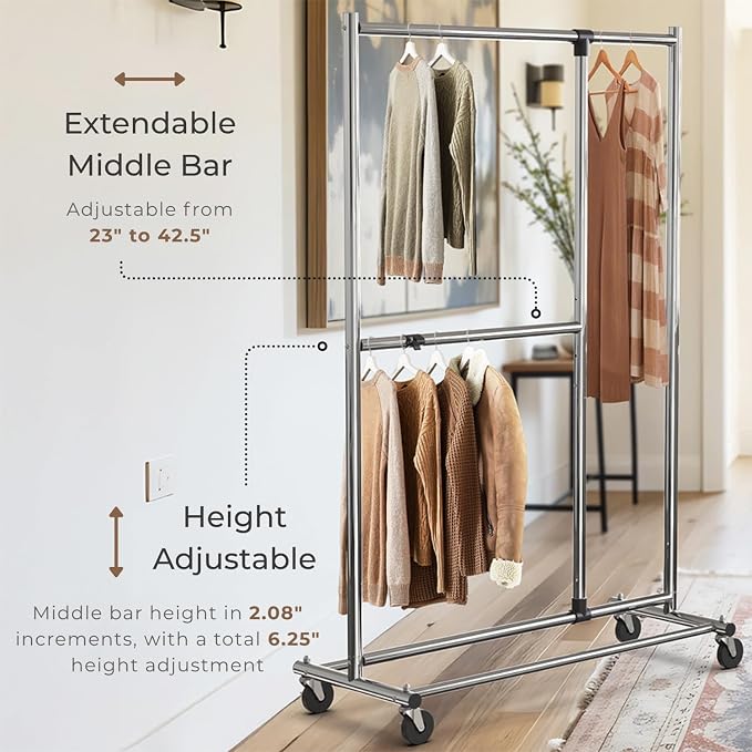 Simple Houseware Dual Bar Adjustable Clothing Garment Rack, 72" H, Chrome | Extendable Middle Bar from 23" to 42.75 Inches Width