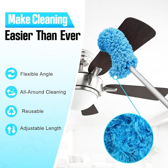 Ceiling Fan Cleaner Duster with Extension Pole, 12 to 51 Inch Duster Length, Reusable Microfiber Dusters for Cleaning Fan Blades, Cobwebs, Walls, Windows & High Ceilings, Removable, Blue