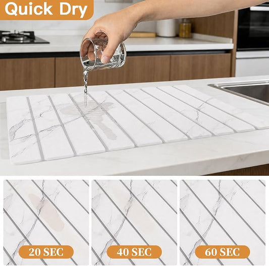 Stone Dish Drying Mat for Kitchen - Diatomaceous Earth Drying Mats | White Color, Counter Mats Quick Dry, Foldable Design, Super Absorbent, (24"×16"/ 8"x4" / 1 Drain Rack) , for Dishes Cups