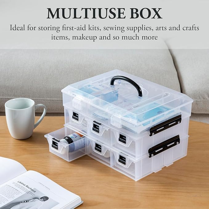 MyGift 11 Inch Clear Plastic Storage Box Container, Arts and Crafts Sewing Supplies Organizer Case with Black Accents, 24 Customizable Compartments, and 6 Drawers with Removable Dividers | Sewing Supplies Organizer Case with Black Accents, 24 Customiza...