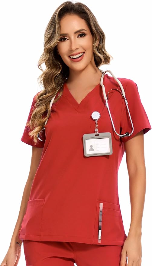 Scrubs Tops for Woman - Soft Stretch, V-Neck Tops | 3 Pockets, Side Split Design, Short Sleeve, Breathable & Lightweight Nursing Shirt, Easy-Care Fabric for All-Day Comfort