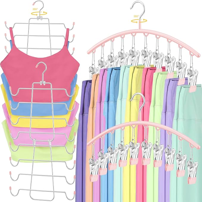TomCare 4 Pack Space Saving Hangers, Tank Top and Leggings Organizers | 360° Swivel Design, 20 Clips for Leggings and Yoga Pants, Stainless Steel Hanging Closet Organizer