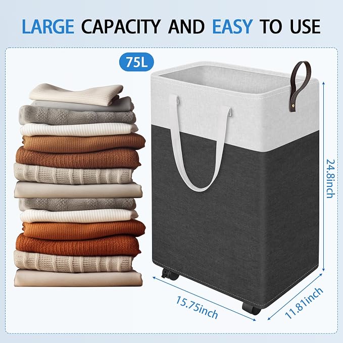 HomeHacks 75L Rolling Laundry Basket with 4 Wheels Collapsible Gray | 4 Wheels, Waterproof PEVA Lining, Cotton Flax Fabric, Metal Frame, Bathroom Laundry Room Dorm Storage, Space-Saving Design