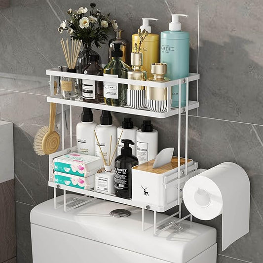 Godboat 2-Tier Over Toilet Storage Shelf, Wall-Mount with 2 Hook/Paper Rack | Bathroom Organizers and Storage Cabinet, Behind/Above/On/Top/Back Tank Shelves, Decor for Bathroom/Restroom/Kitchen/Bedroom